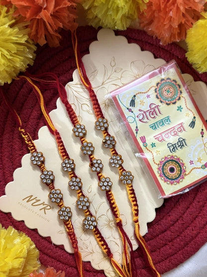 Dhiyona Set Of 4 Artificial Stones Floral Design Thread Rakhi