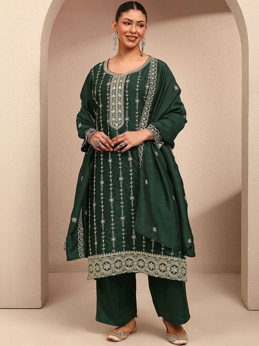 Dhiyona Women's Floral Embroidered Regular Thread Work Kurta with Trousers & With Dupatta