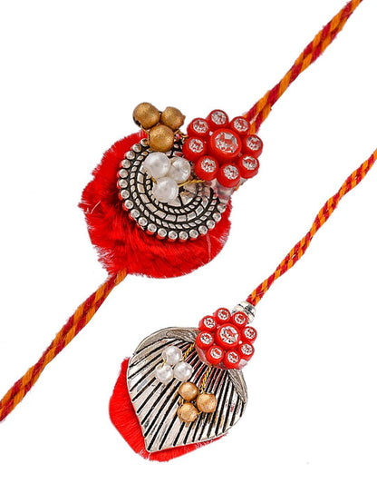 Dhiyona Red Beaded Bhaiya Bhabhi Rakhi With Roli Chawal & Greeting Card