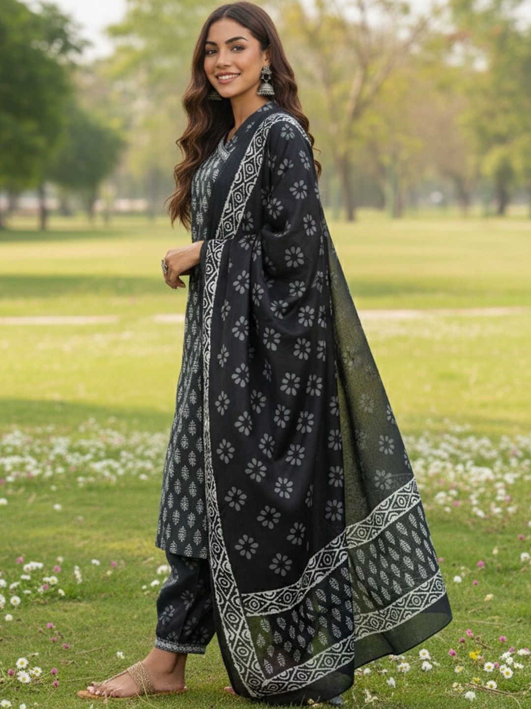 Black Ethnic Motifs Printed V-Neck Angrakha A-Line Kurta With Patiala & Dupatta