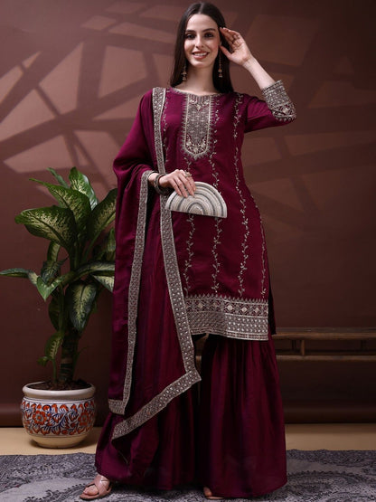 Dhiyona SN Embroidered Round Neck Kurta & Sharara With Dupatta