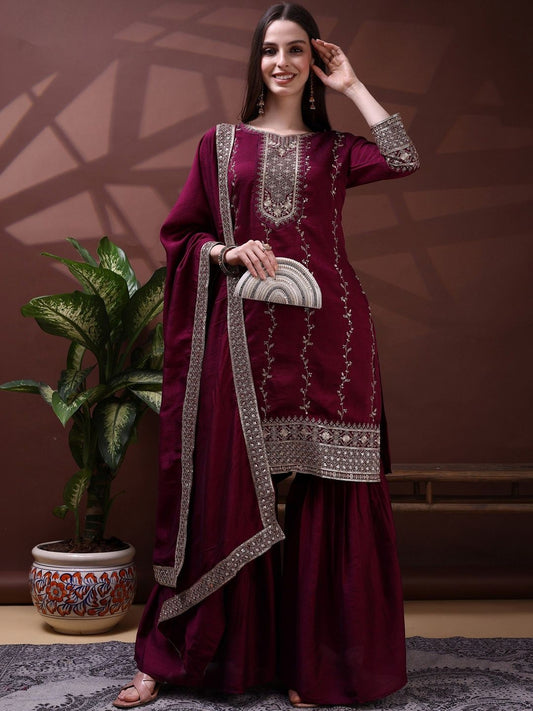 Dhiyona SN Embroidered Round Neck Kurta & Sharara With Dupatta