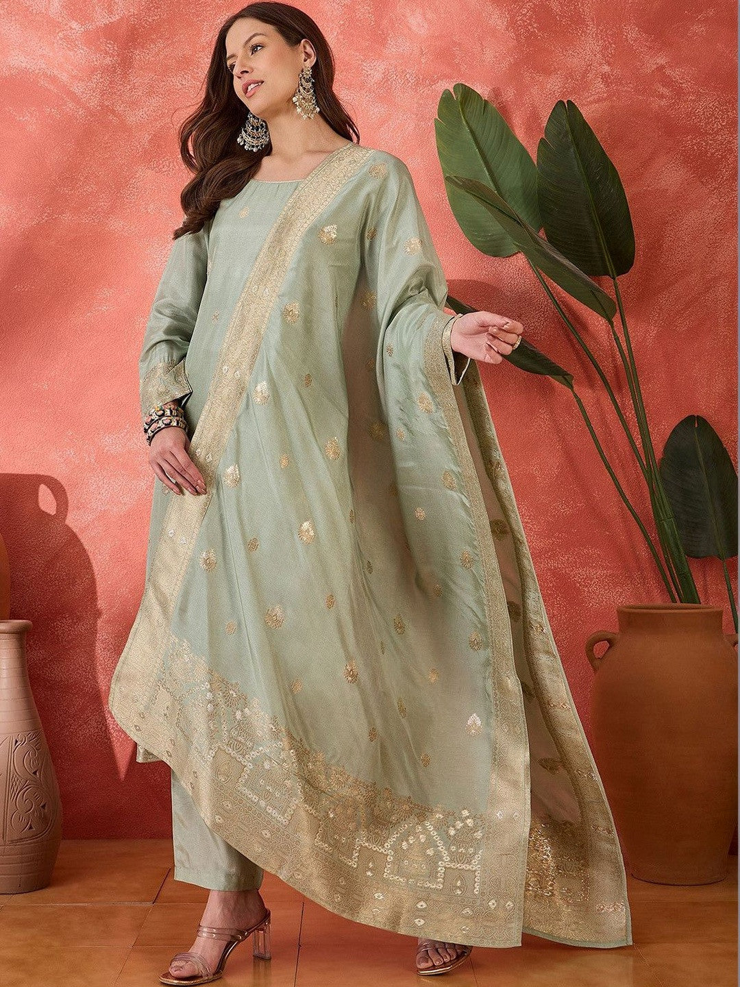 Woven Design Round Neck Straight Kurta With Trousers And Dupatta
