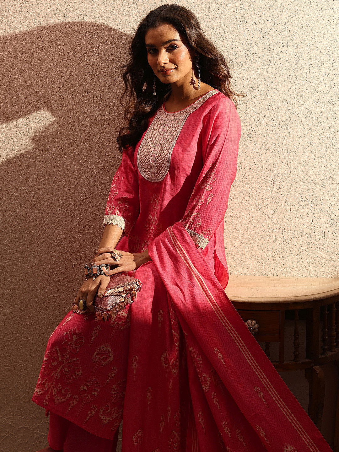 Women Ethnic Motifs Printed Regular Thread Work Kurta with Trousers & With Dupatta