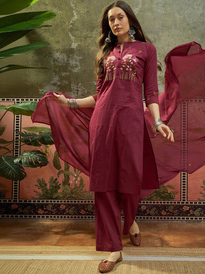 Embroidered Pure Cotton Mandarin Collar Kurta & Trousers With Dupatta