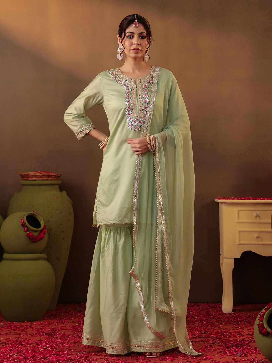 Dhiyona SC Floral Embroidered Gotta Patti Straight Kurta with Sharara & Dupatta