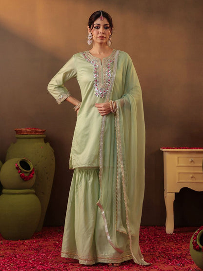 Dhiyona SC Floral Embroidered Gotta Patti Straight Kurta with Sharara & Dupatta