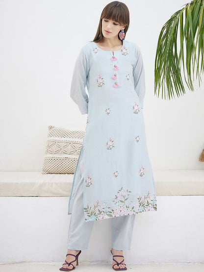 Floral Embroidered Thread Work Pure Cotton Kurta & Trousers With Dupatta