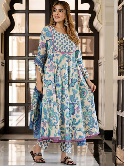 Dhiyona KL Kalini Women Floral Printed Pure Cotton Anarkali Kurta and Trousers With Dupatta