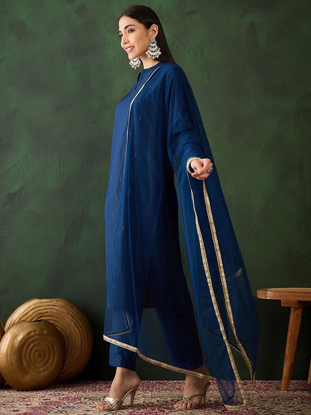 Dhiyona SN Women's Navy Blue Stripped Self Design Pintuck Pure Cotton Kurta & Trouser With Dupatta