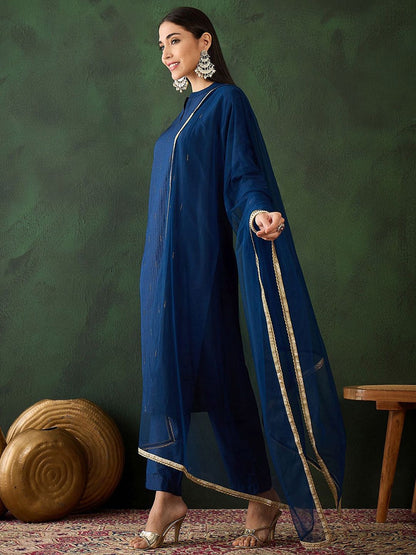 Dhiyona SN Women's Navy Blue Stripped Self Design Pintuck Pure Cotton Kurta & Trouser With Dupatta