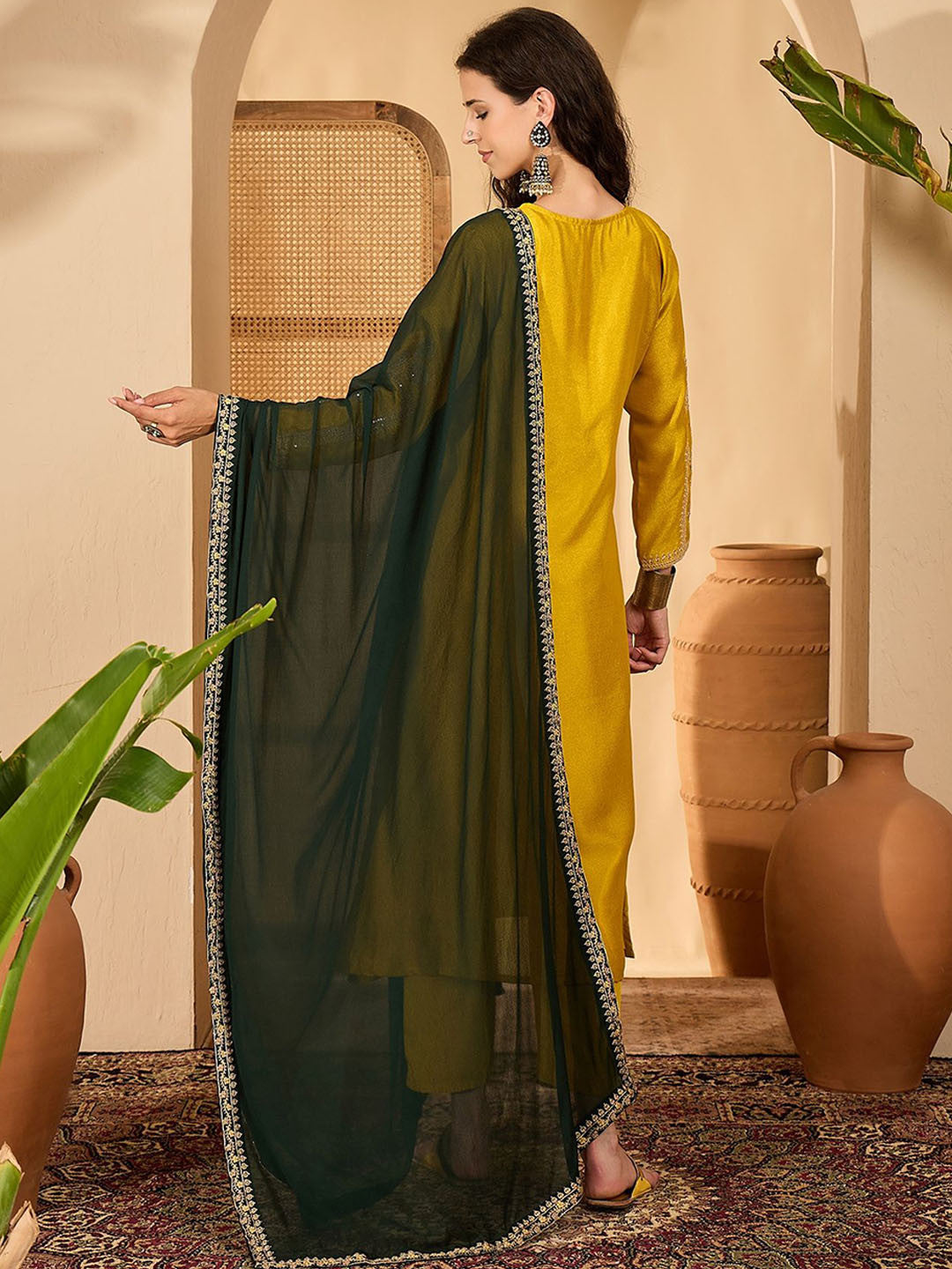 Women Ethnic Motif Embroidered Sequinned Kurta With Trousers & Dupatta