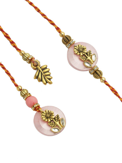 Dhiyona Pink Stone Studded & Beaded Floral Bhaiya Bhabhi Thread Rakhis With Roli Chawal