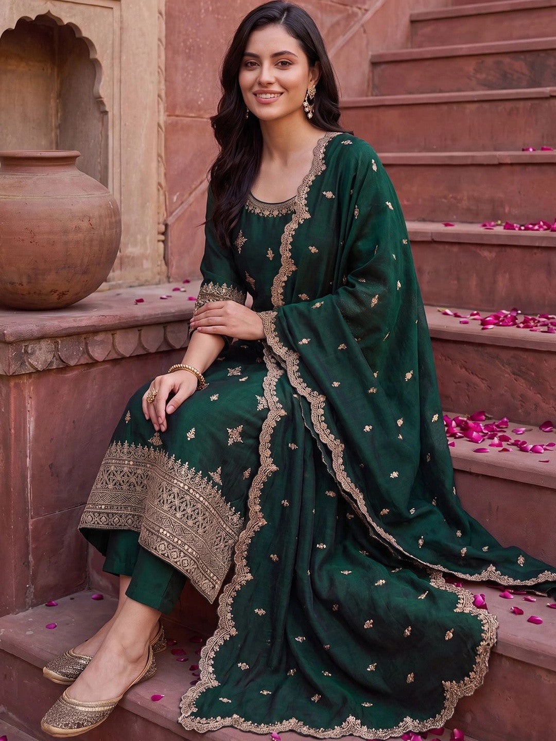Women Ethnic Motifs Embroidered Regular Kurta with Trousers & With Dupatta
