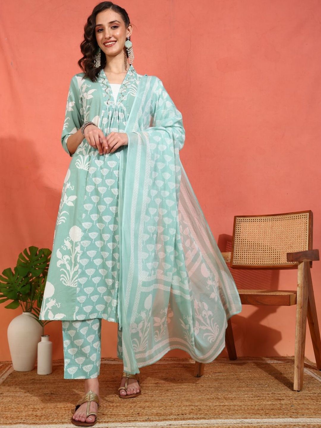 Dhiyona KL Motifs Printed Thread Work Pure Cotton Anarkali Kurta With Trousers & Dupatta