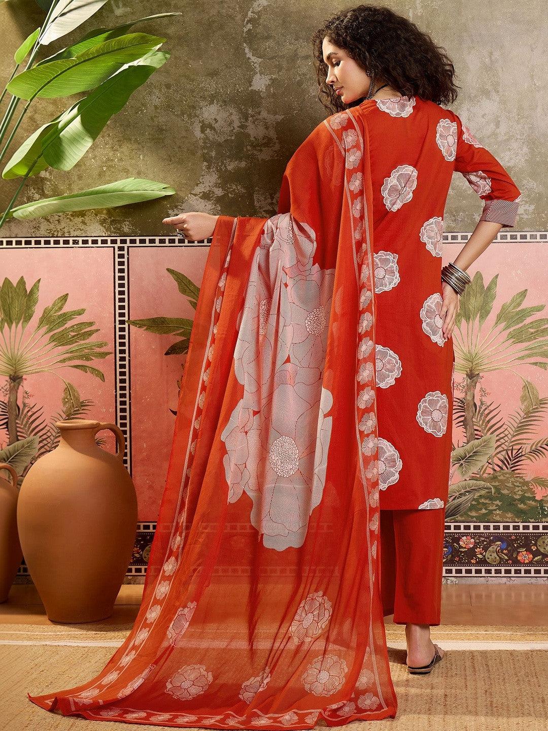 Printed Cotton Round Neck Kurta & Trousers With Dupatta
