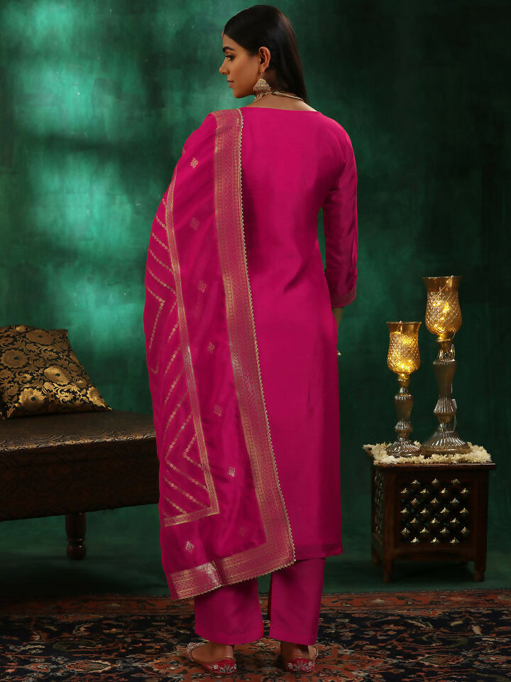 Women's LB Pink Woven Design Silk Blend Straight Suit With Dupatta