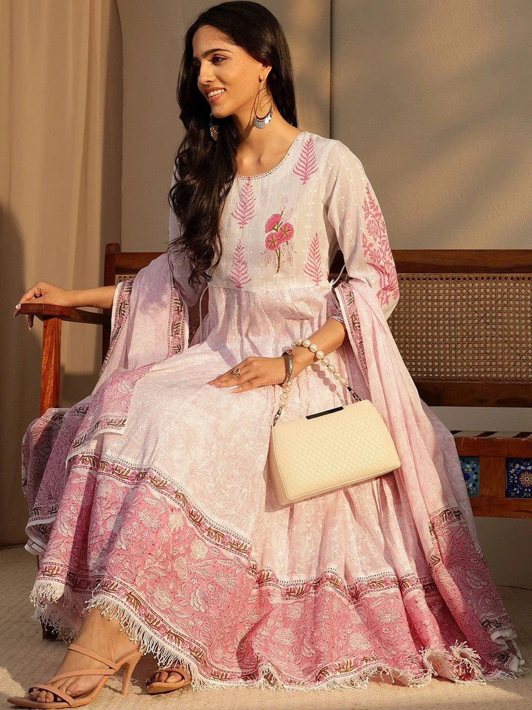 White Floral Printed Cotton Anarkali Suit Set