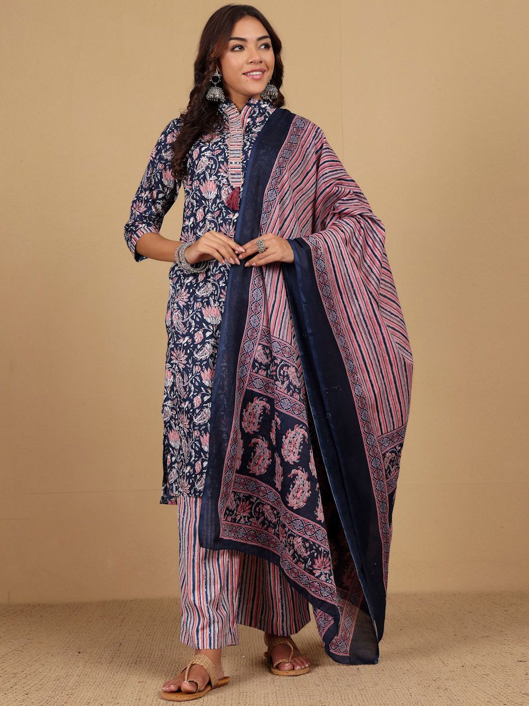 Navy Blue Women Floral Printed Straight Kurta with Palazzo & Dupatta