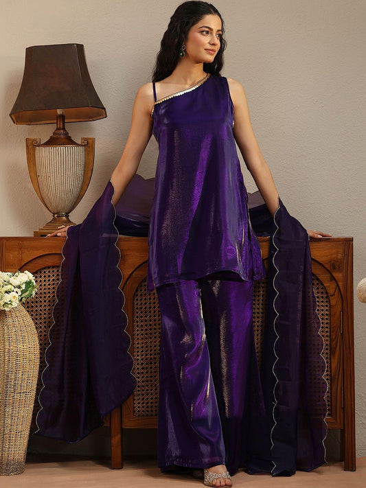 Libas Purple Solid Tissue One Shoulder Palazzo Suit Set