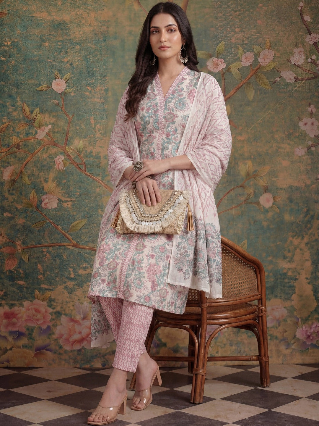 Printed Pure Cotton V-Neck Kurta & Trousers With Dupatta