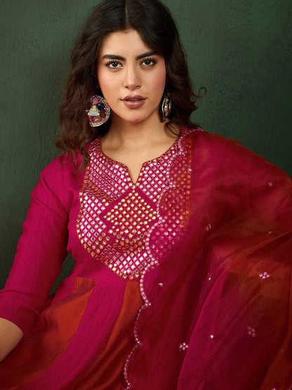 Pink Embroidered Yoke Design Mirror Work A-Line Kurta With Trousers & Dupatta