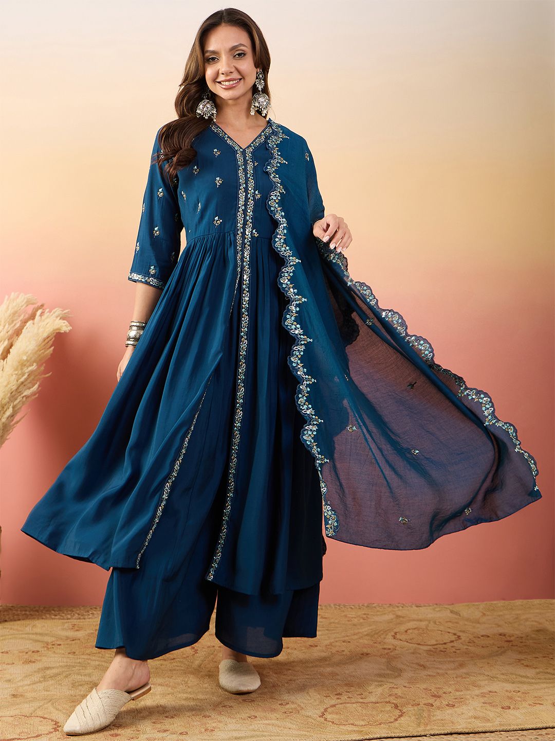 Dhiyona SN Embroidered Kurta With Palazzos & Dupatta