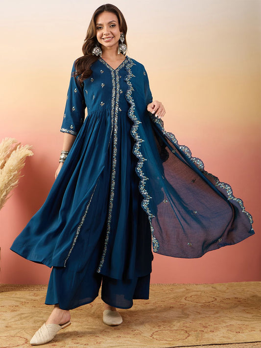 Dhiyona SN Embroidered Kurta With Palazzos & Dupatta