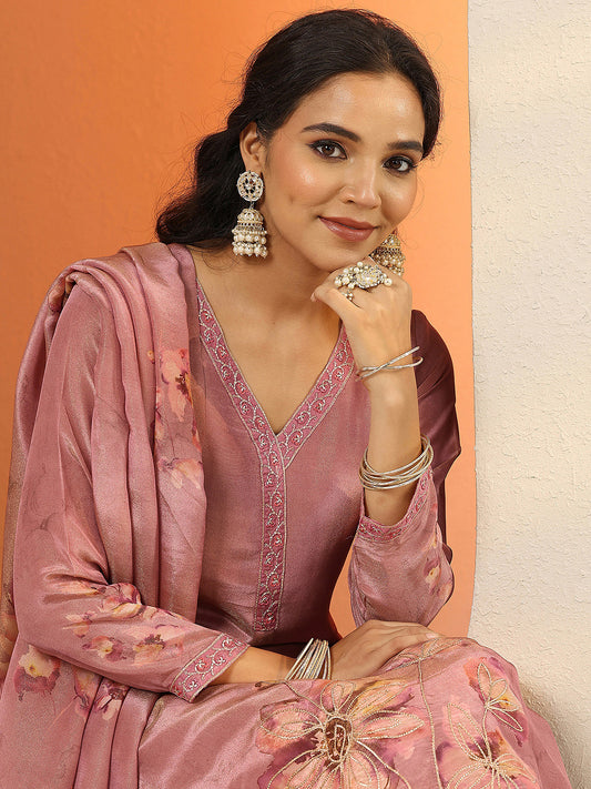 Floral Printed V-Neck Beads & Stones Straight Kurta & Trousers With Dupatta