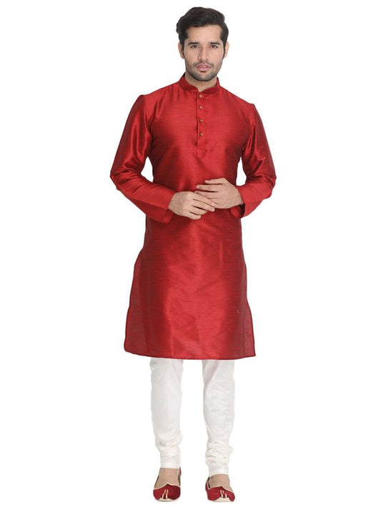 Men's Maroon Silk Blend Straight Kurta Pyjama Set