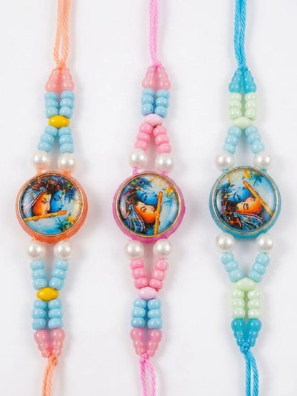 Dhiyona Set Of 3 Radha Krishna Thread Rakhi With Roli Chawal Chandan Mishri