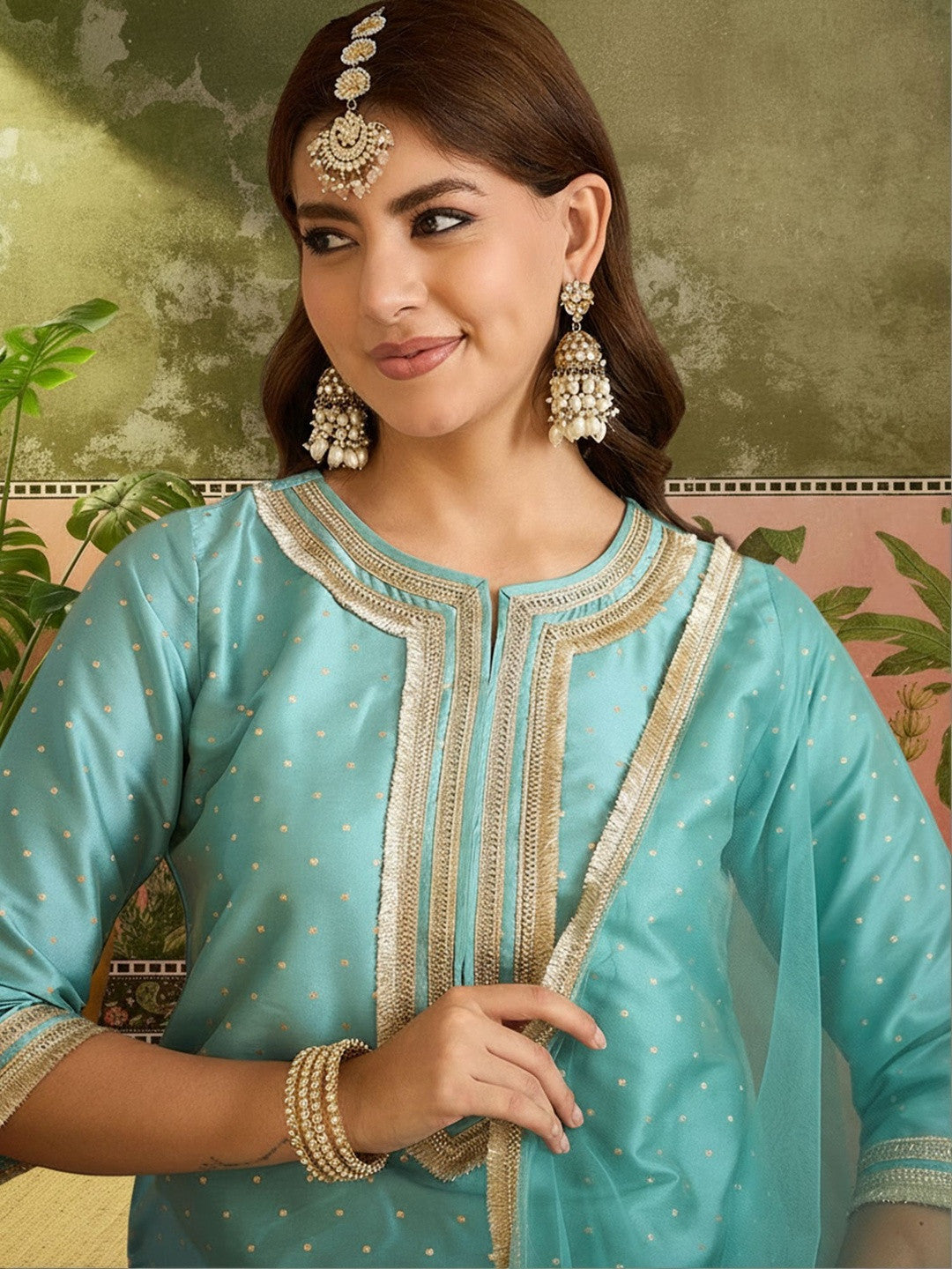 Woven Desig Round Neck Kurta & Palazzos With Dupatta