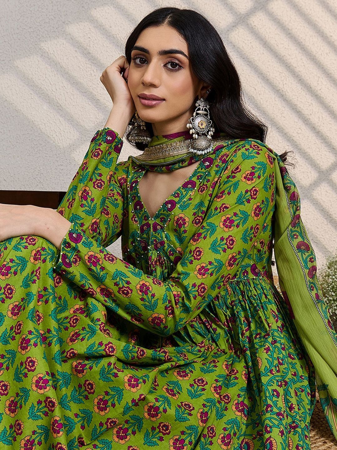 Floral Printed Panelled Pure Cotton Kurta With Trouser & Dupatta