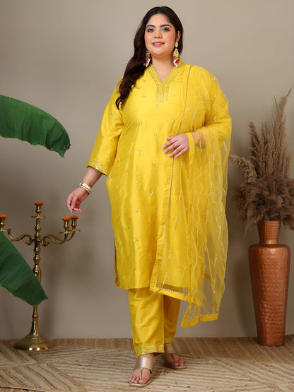 Dhiyona IN Women Floral Embroidered Regular Sequinned Kurta with Trousers & Dupatta