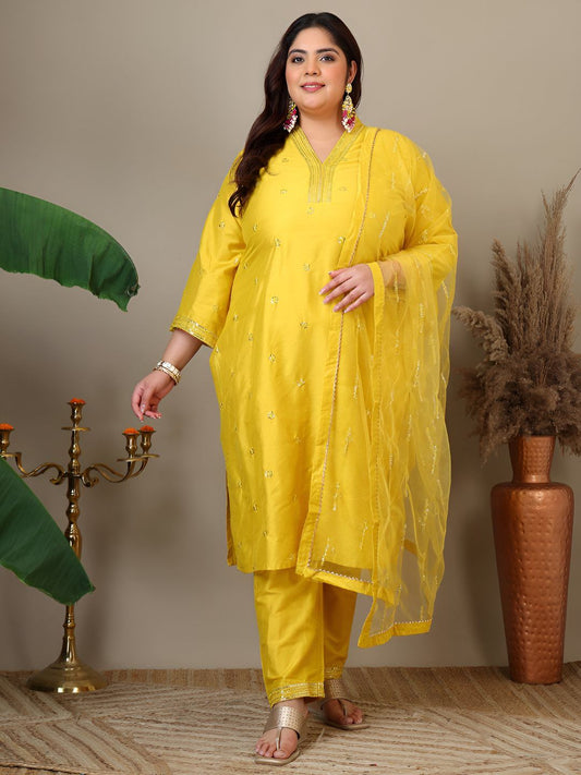 Dhiyona IN Women Floral Embroidered Regular Sequinned Kurta with Trousers & Dupatta