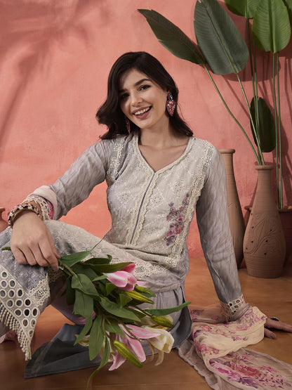 Grey Floral Printed V-Neck Kurta With Trousers And Dupatta