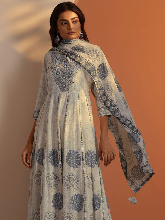Womens Off white Embroidered Cotton Anarkali Kurta With Trousers & Dupatta