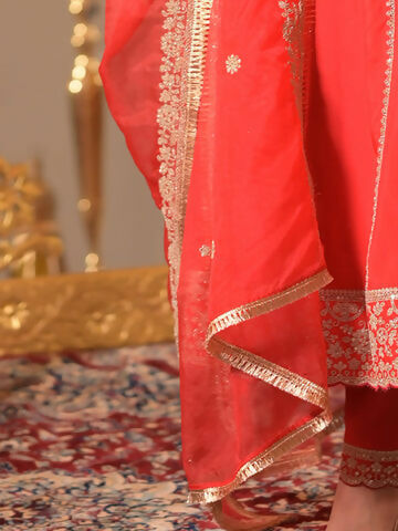 Women's Red Embroidered A-Line Kurta Trousers With Dupatta set