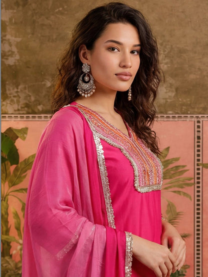 Women Pink Solid Print Embroidery & Sequinned Work Kurta Afagani Salwar & Dupatta