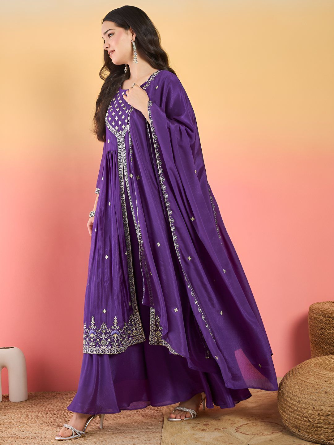 Dhiyona VA Floral Embroidered Thread Work Kurta With Palazzos & Dupatta