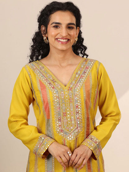 Dhiyona LL Geometric Embroidered Zari Organza Straight Kurta With Palazzos And Dupatta