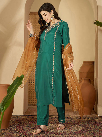 Women Ethnic Motifs Embroidered Regular Thread Work Kurta with Trousers & With Dupatta