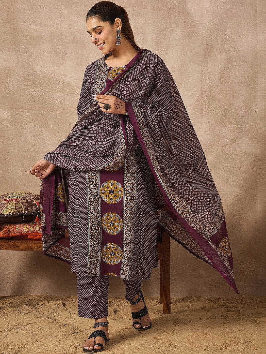 Women Ethnic Motifs Printed Regular Pure Cotton Kurta with Trousers & With Dupatta