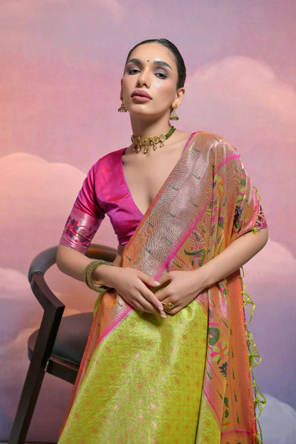 Women Paithani Vani Mahendi Saree With Unstiched Blouse