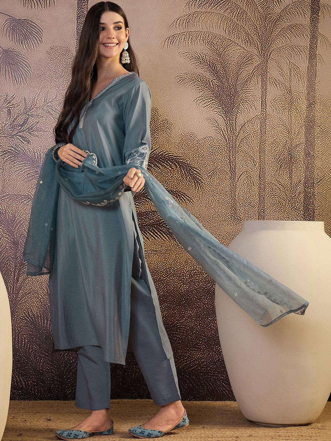 Embroidered V-Neck Kurta & Trousers Kurta Sets