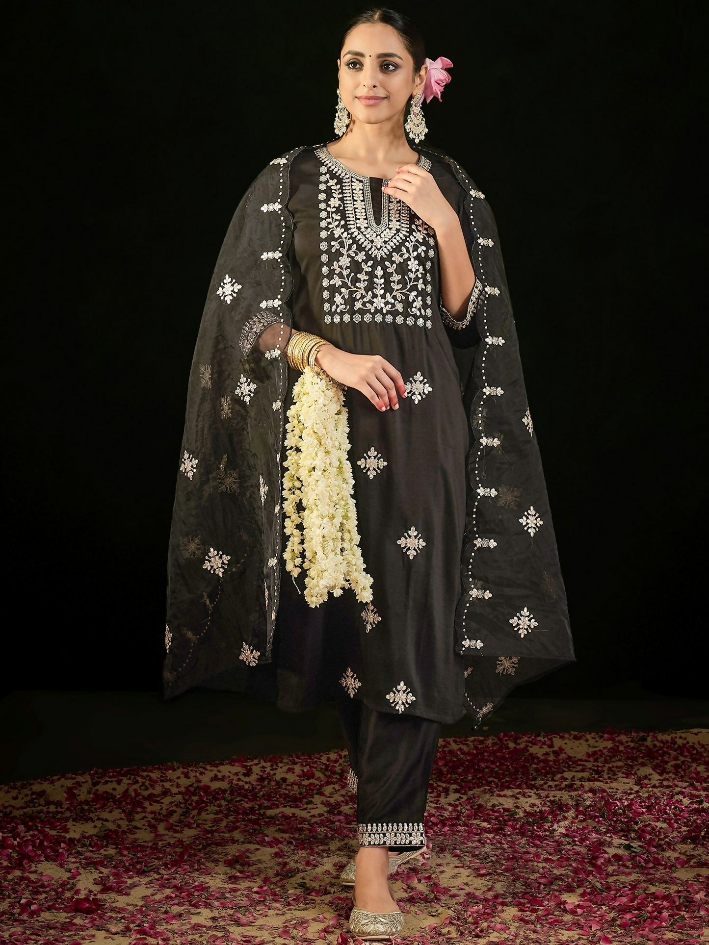 Women's Black Embroidered Straight Kurta Trousers With Dupatta set