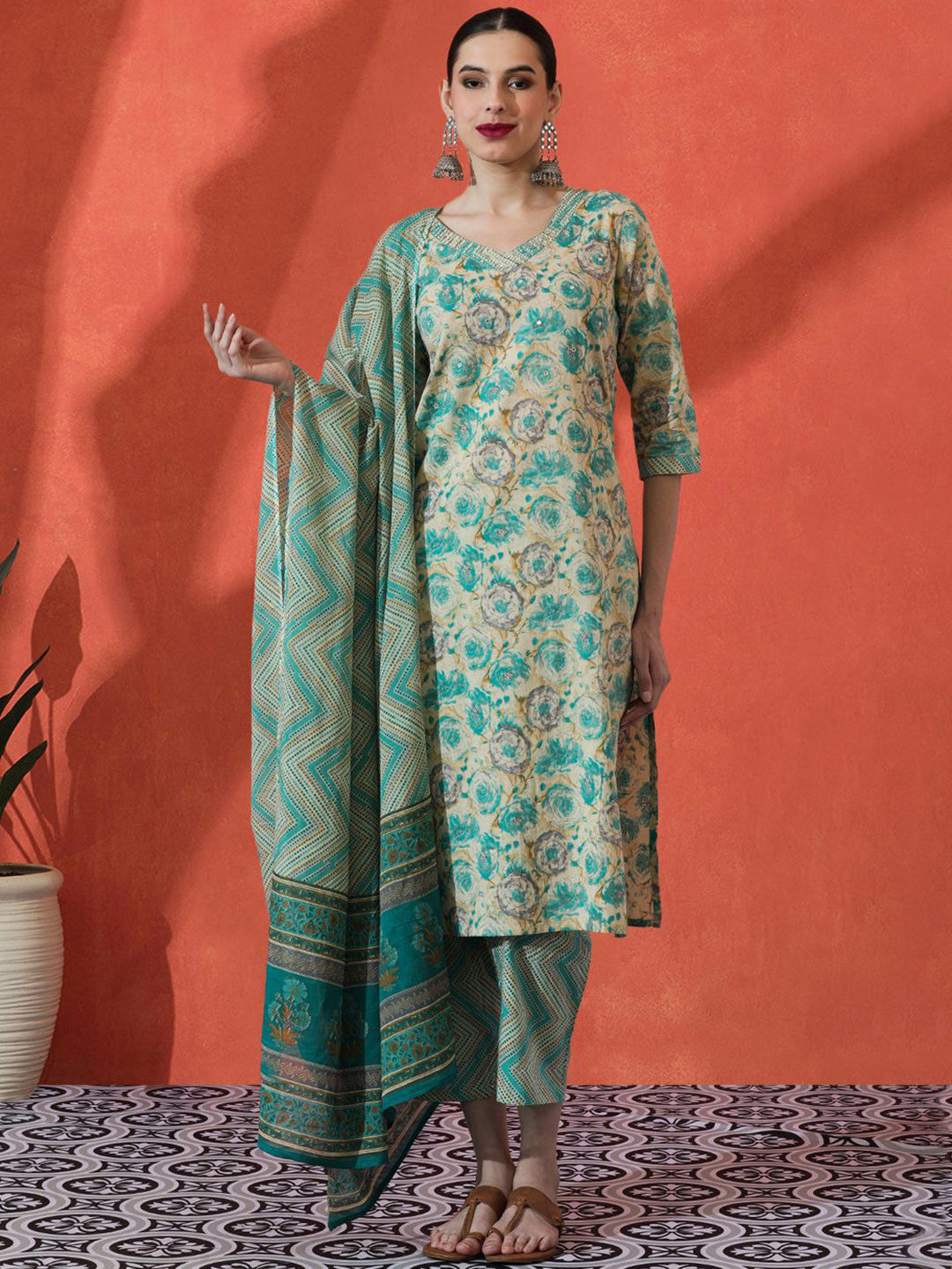 Dhiyona SN Floral Embroidered Pure Cotton Straight Kurta & Trousers With Dupatta