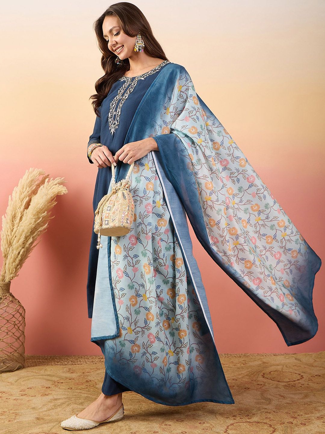 Dhiyona SN Women Embroidered Straight Kurta With Palazzos & Dupatta