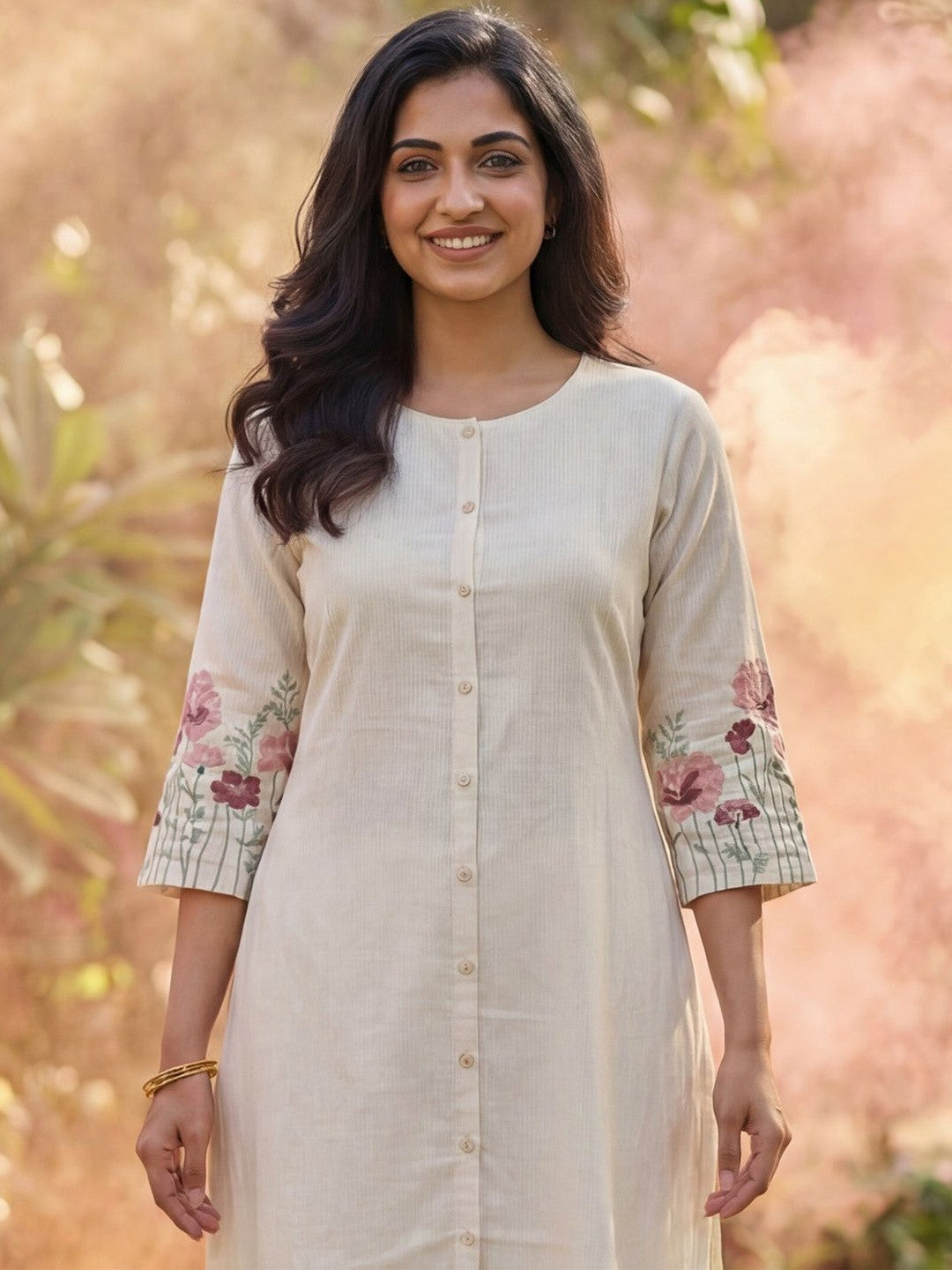 Women Striped Regular Thread Work Kurta with Trousers