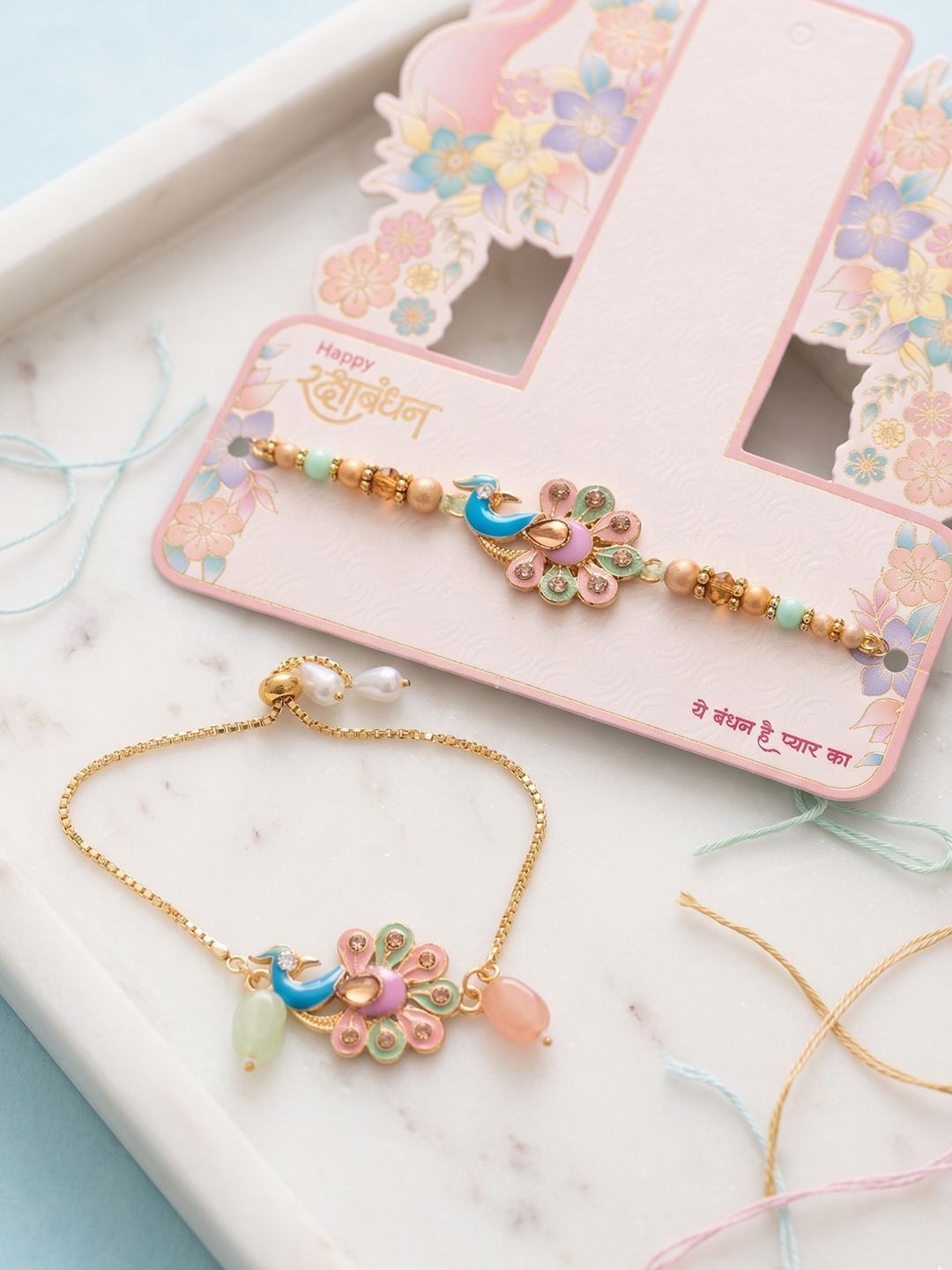 Dhiyona Set Of 2 Artificial Beads Multicolor Handmade Bhaiya Bhabhi Rakhi With Roli Chawal